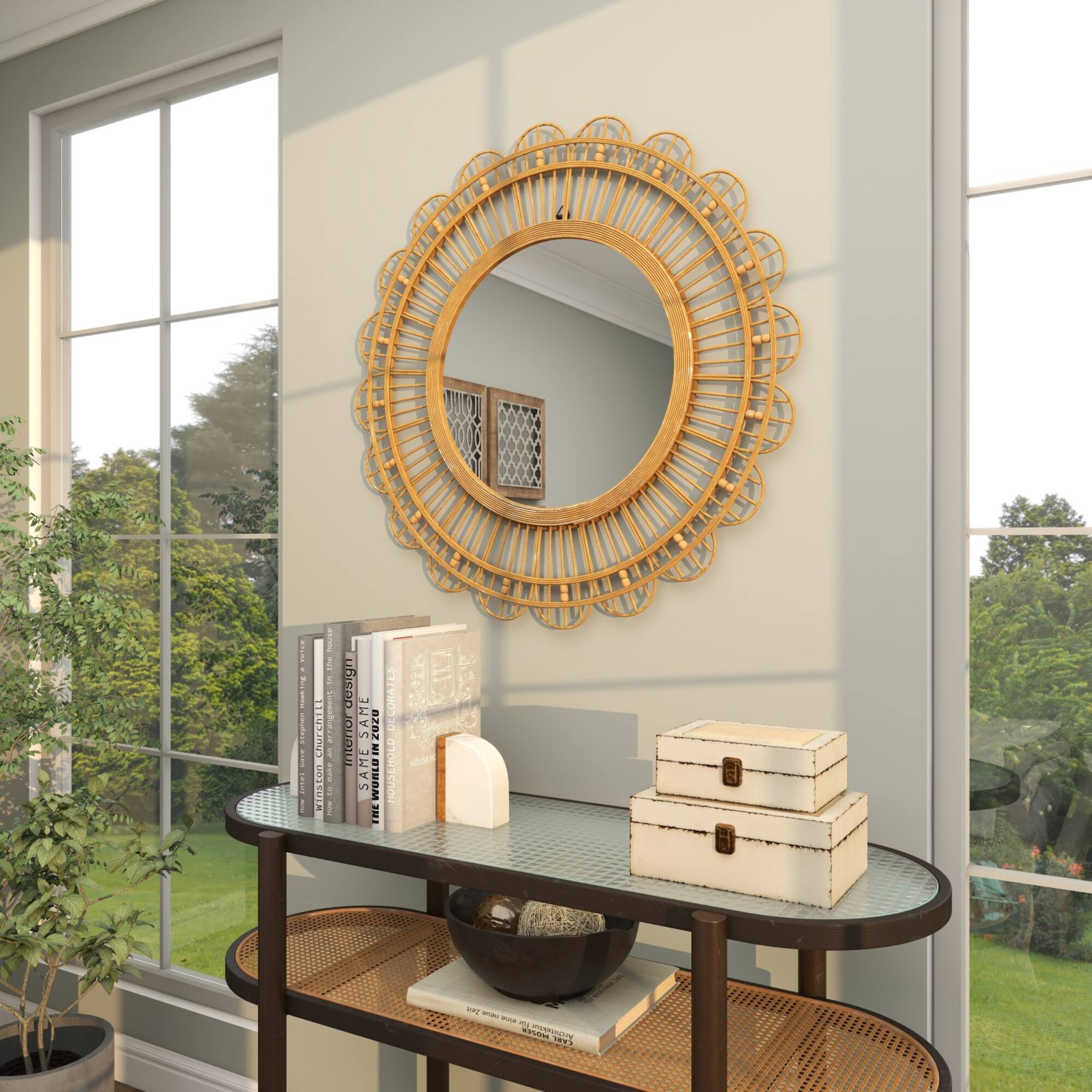 35" Brown Handmade Bamboo Woven Wall Mirror with Beaded Accents